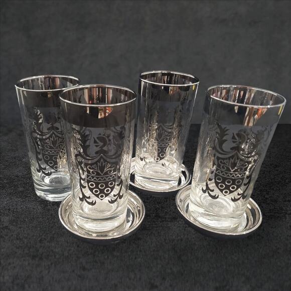 Mid Century Kimiko Highball Glasses & Coasters W/ Caddy  COPY - Mid Century Kimiko Highball Glasses Silver Knights Caddy & Coasters MCM …